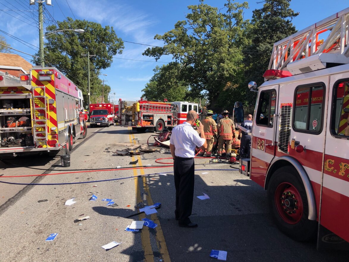  Units on the scene of a crash on Montgomery at Blair in Evanston.